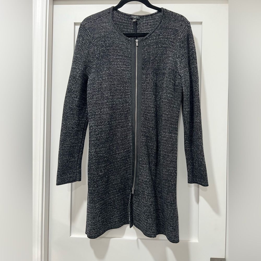Talbots Petite Large Heathered‎ Black White Knit Full-Zip Cardigan Jacket